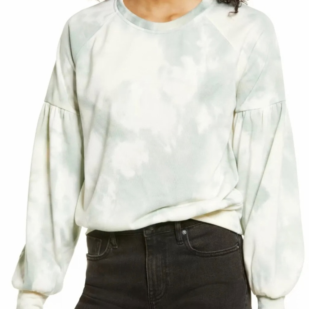 Women's All In Favor Green Tie Dye Crewneck Sweatshirt Balloon Sleeve Large 5716